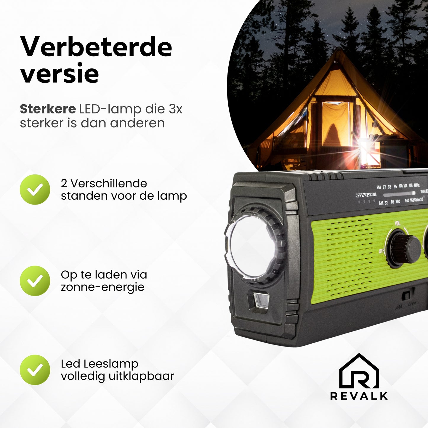 Revalk® Noodradio Solar Opwindbaar en Batterij - Powerbank functie - Groen