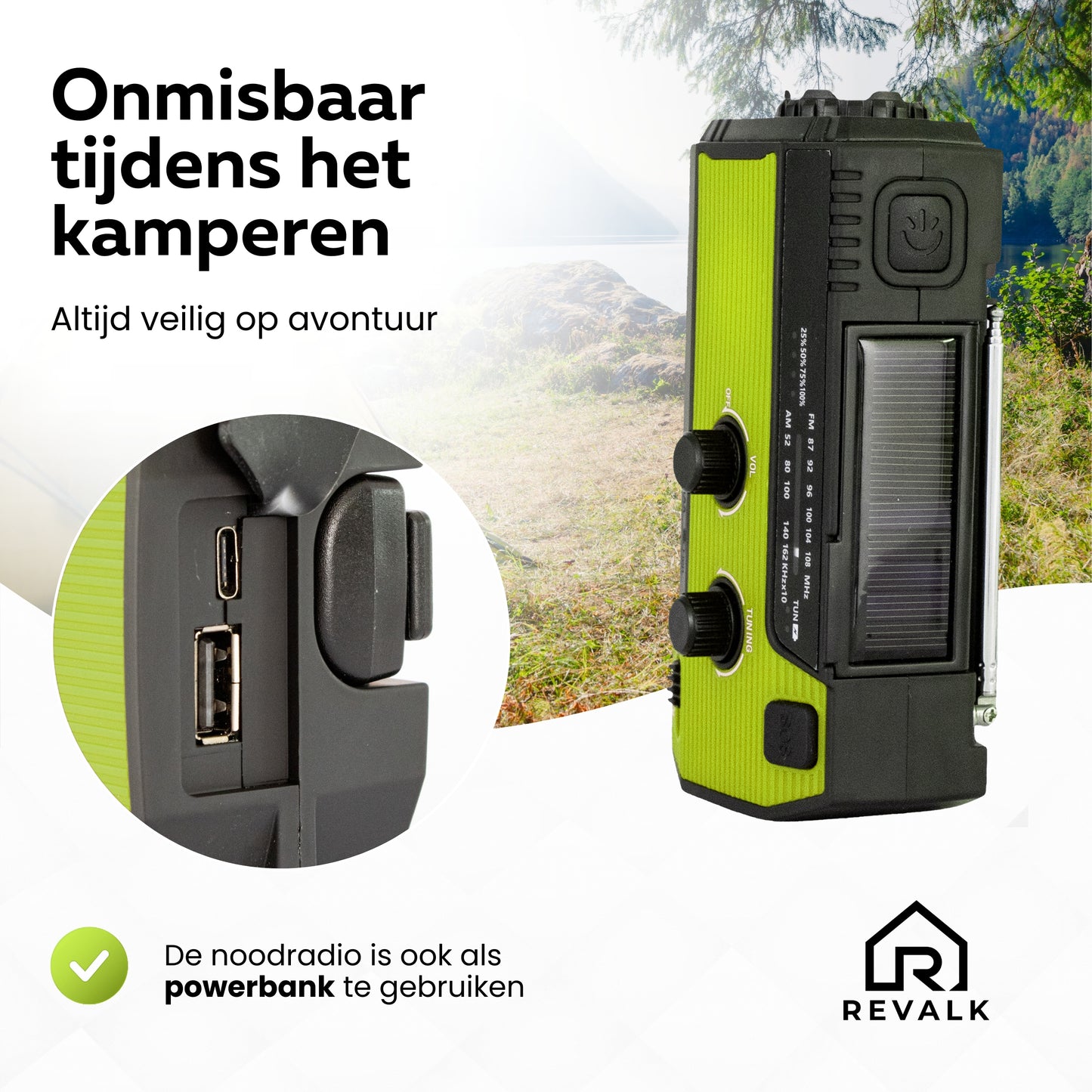Revalk® Noodradio Solar Opwindbaar en Batterij - Powerbank functie - Groen